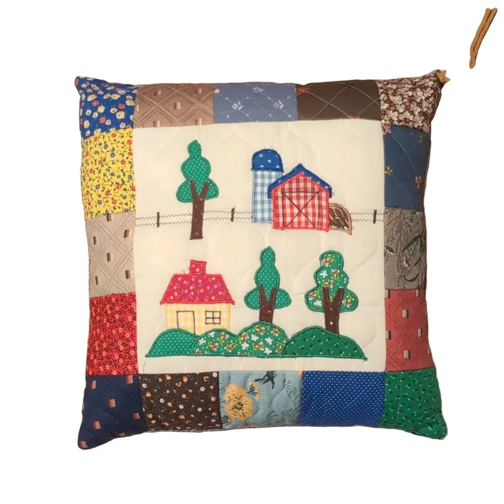 Handmade Quilted Patchwork Farm Scene Decorative Throw Pillow 14x14